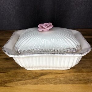 Vintage Japan Ceramic Trinket Dish with Rose Cover Top Rectangle White Gold